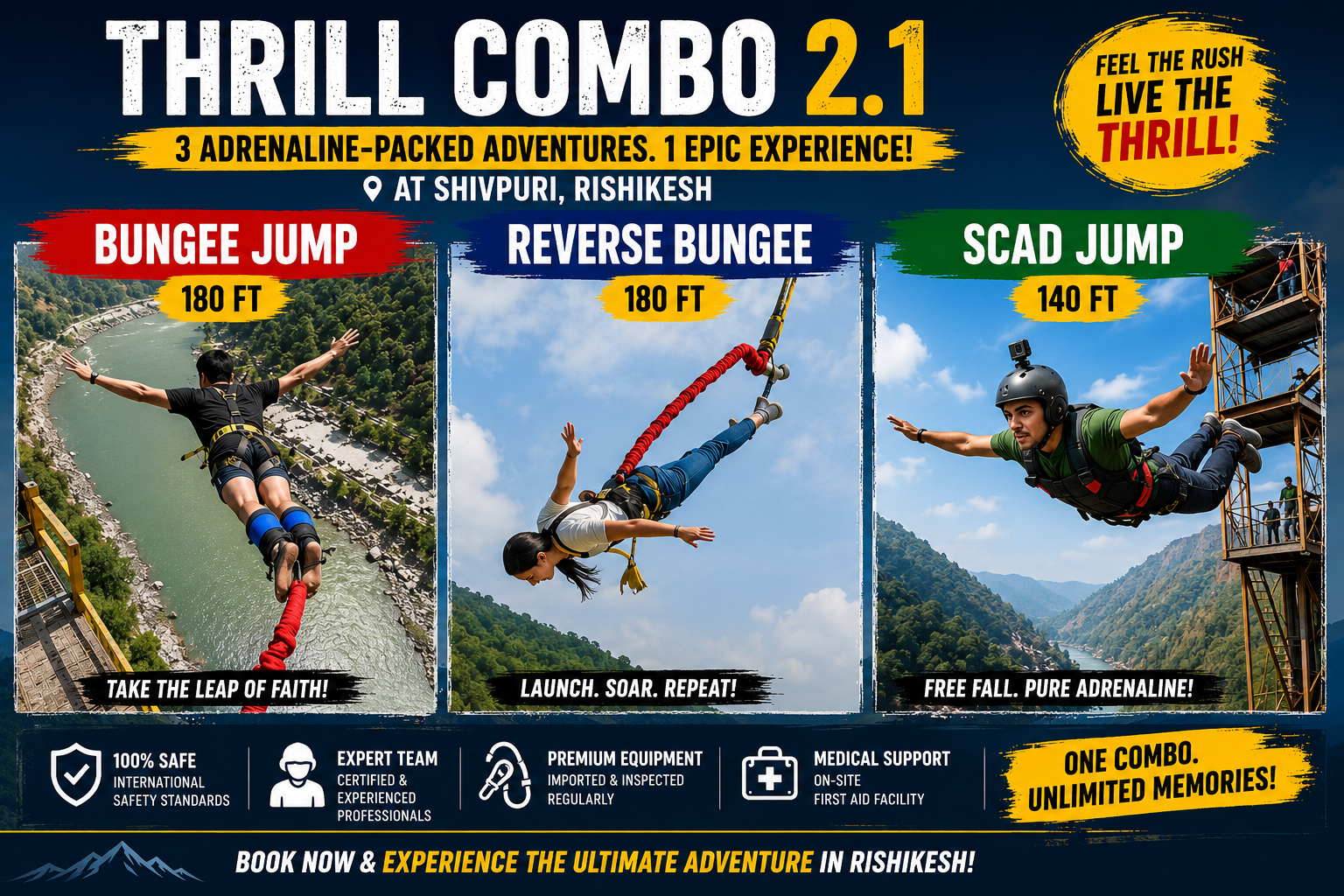 Thrill Combo 2.1 – Bungee Jump + Reverse Bungee + SCAD Jump in Rishikesh in Rishikesh