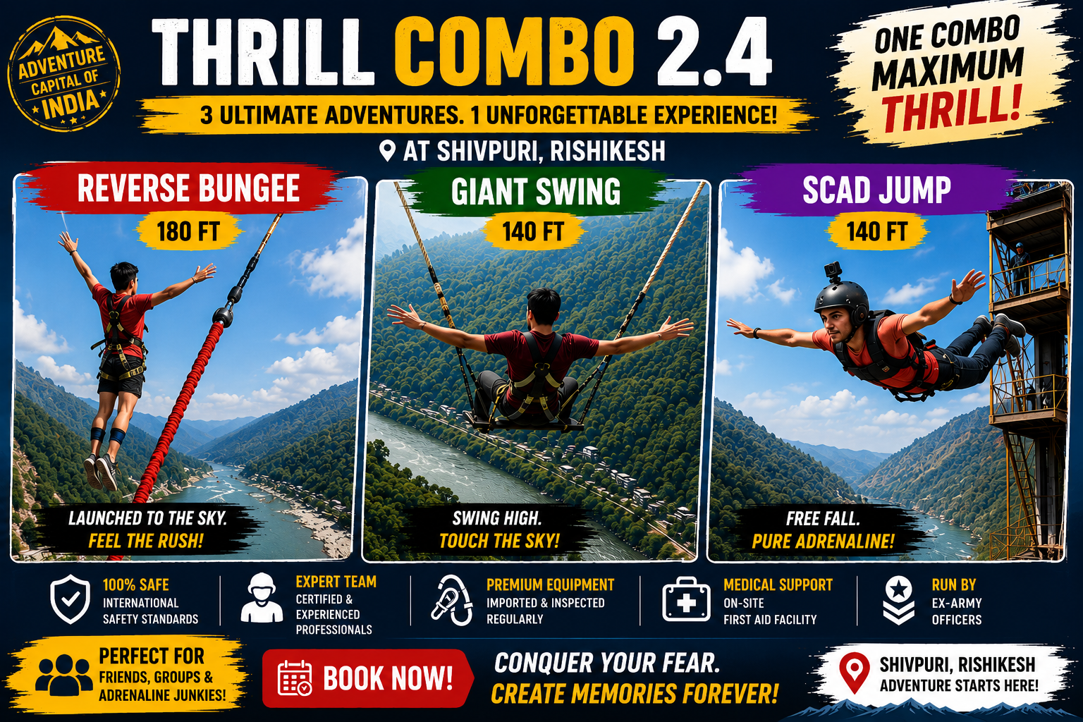 Thrill Combo 2.4 – Reverse Bungee + Giant Swing + SCAD Jump in Rishikesh in Rishikesh