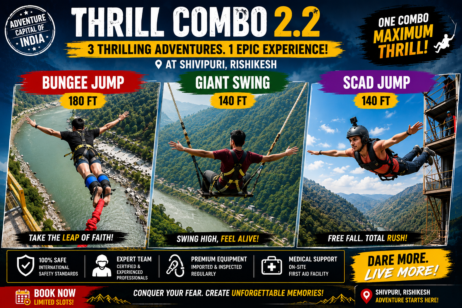 Thrill Combo 2.2 – Bungee Jump + Giant Swing + SCAD Jump in Rishikesh in Rishikesh