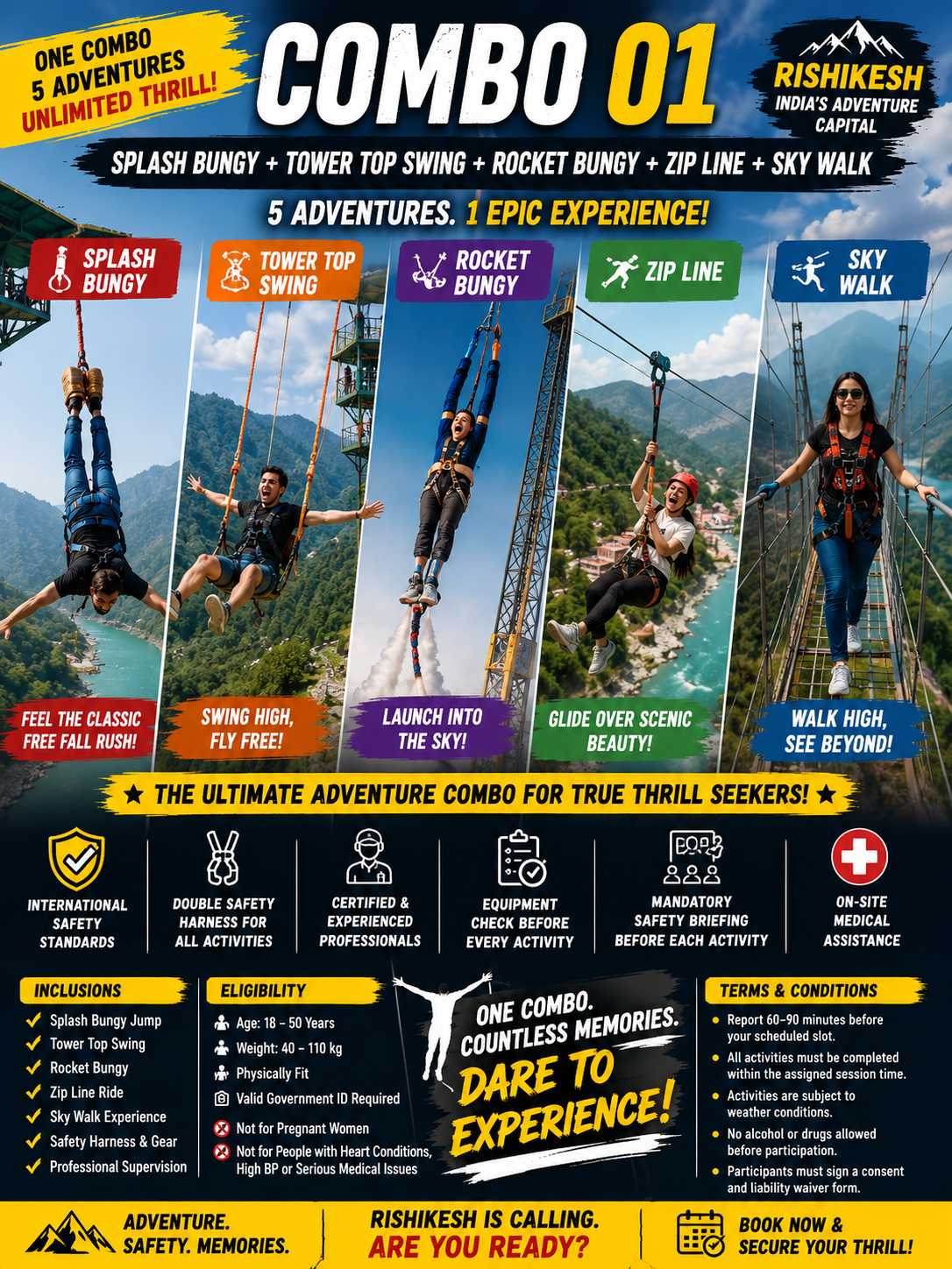 Combo 01 – Splash Bungee + Tower Top Swing + Rocket Bungee + Zip Line + Sky Walk in Rishikesh in Rishikesh