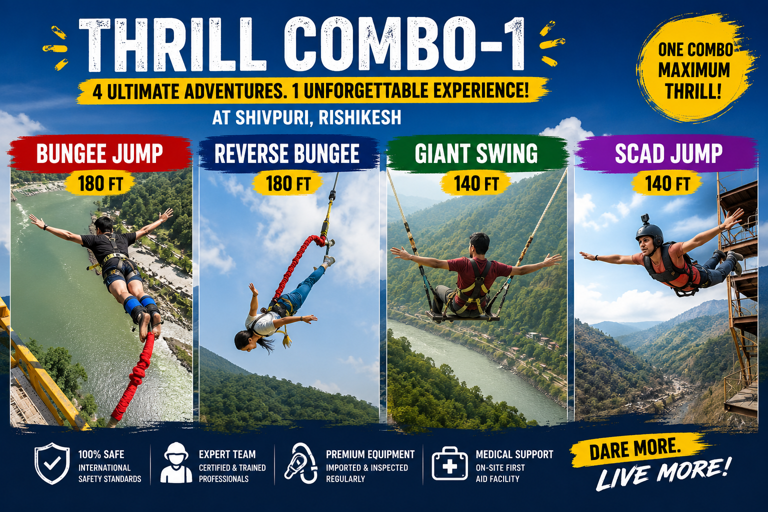 Thrill Combo 1 – Bungee Jump + Giant Swing + Reverse Bungee + SCAD Jump in Rishikesh in Rishikesh