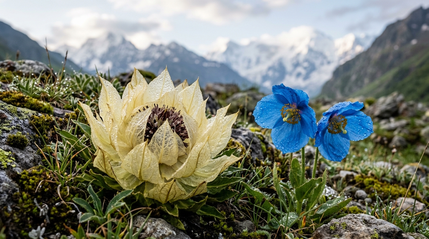 Brahma Kamal and Blue Poppy Flowers Valley of Flowers