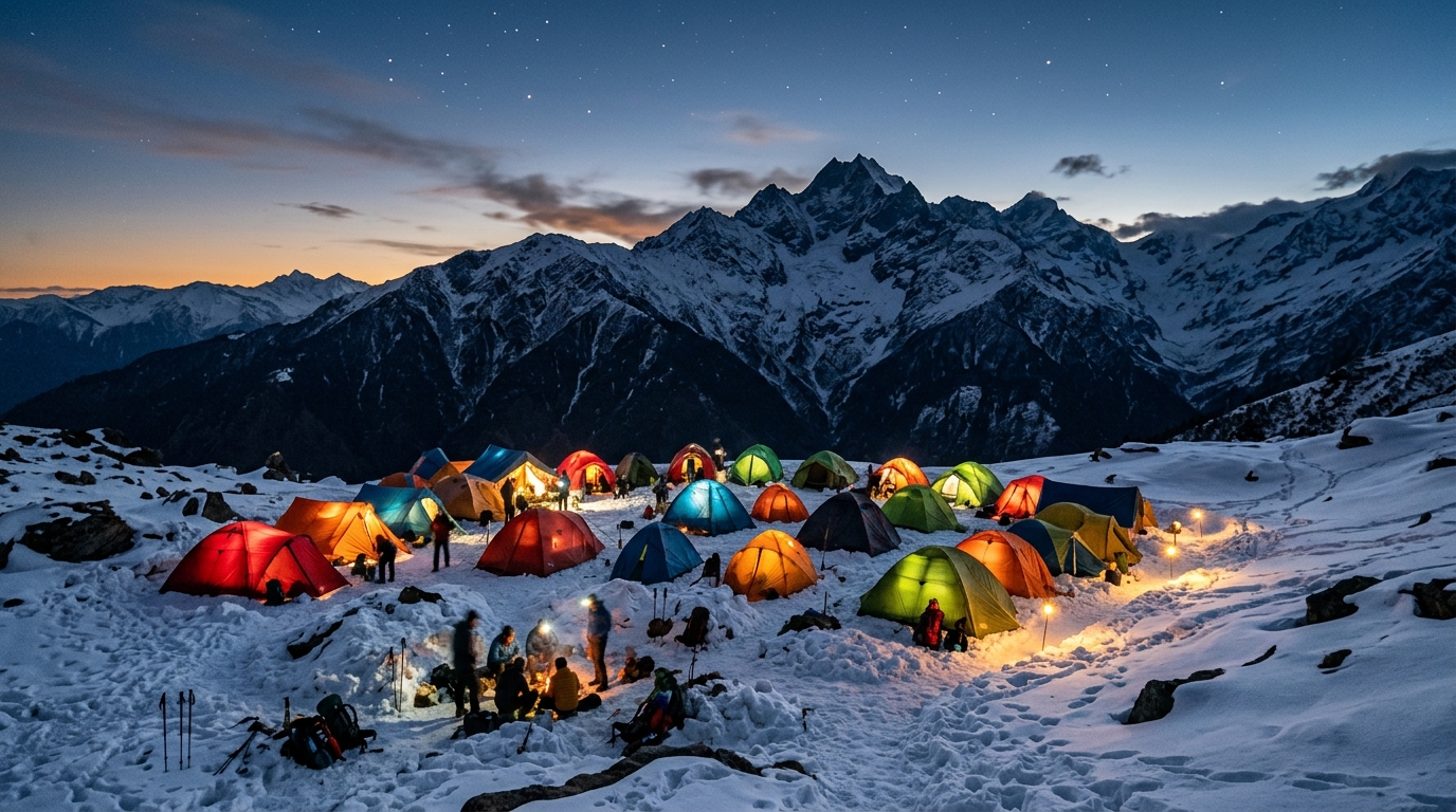 Kedarkantha Base Camp under twilight starry sky with glowing tents
