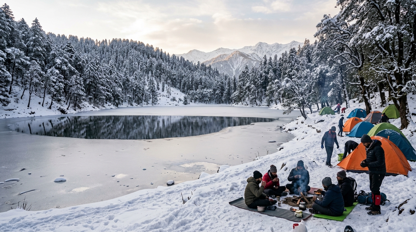 Frozen Juda Ka Talab alpine lake surrounded by snow in winter Kedarkantha