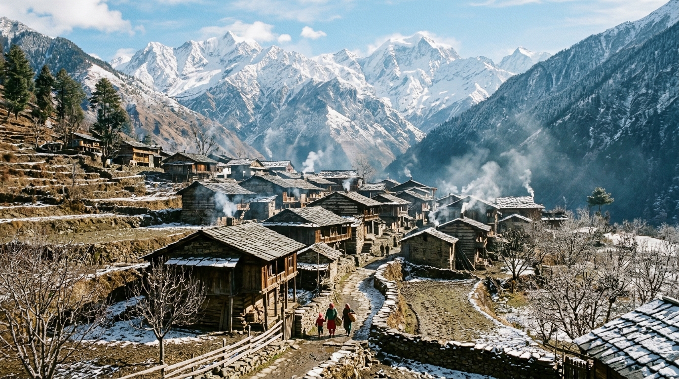 Traditional wooden houses in Sankri basecamp village Uttarakhand