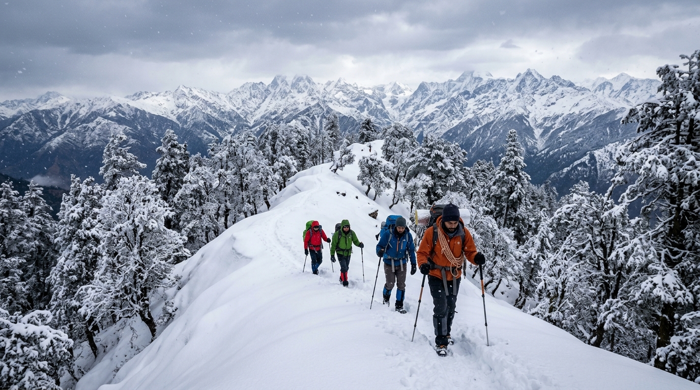 Trekkers navigating Kedarkantha snow trail through pine and oak forest