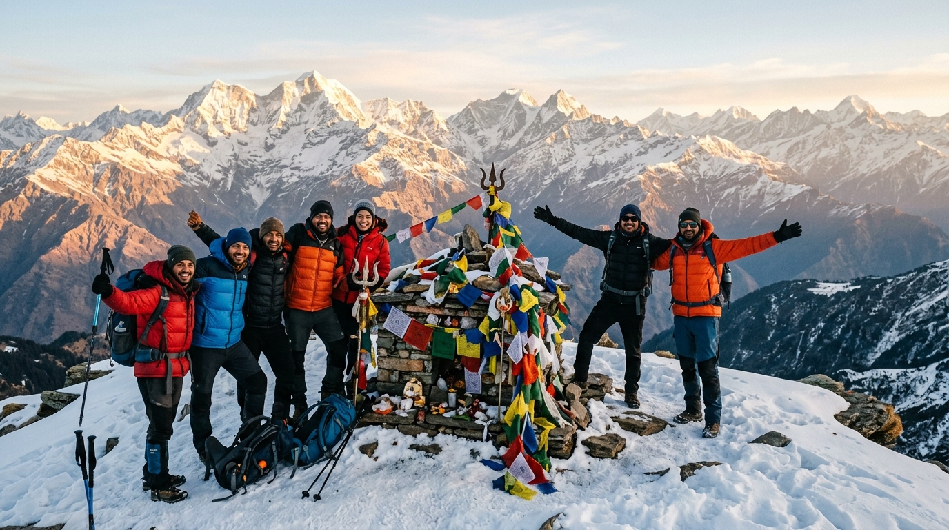 Trekkers celebrating at Kedarkantha summit shrine during sunrise at 12500 feet