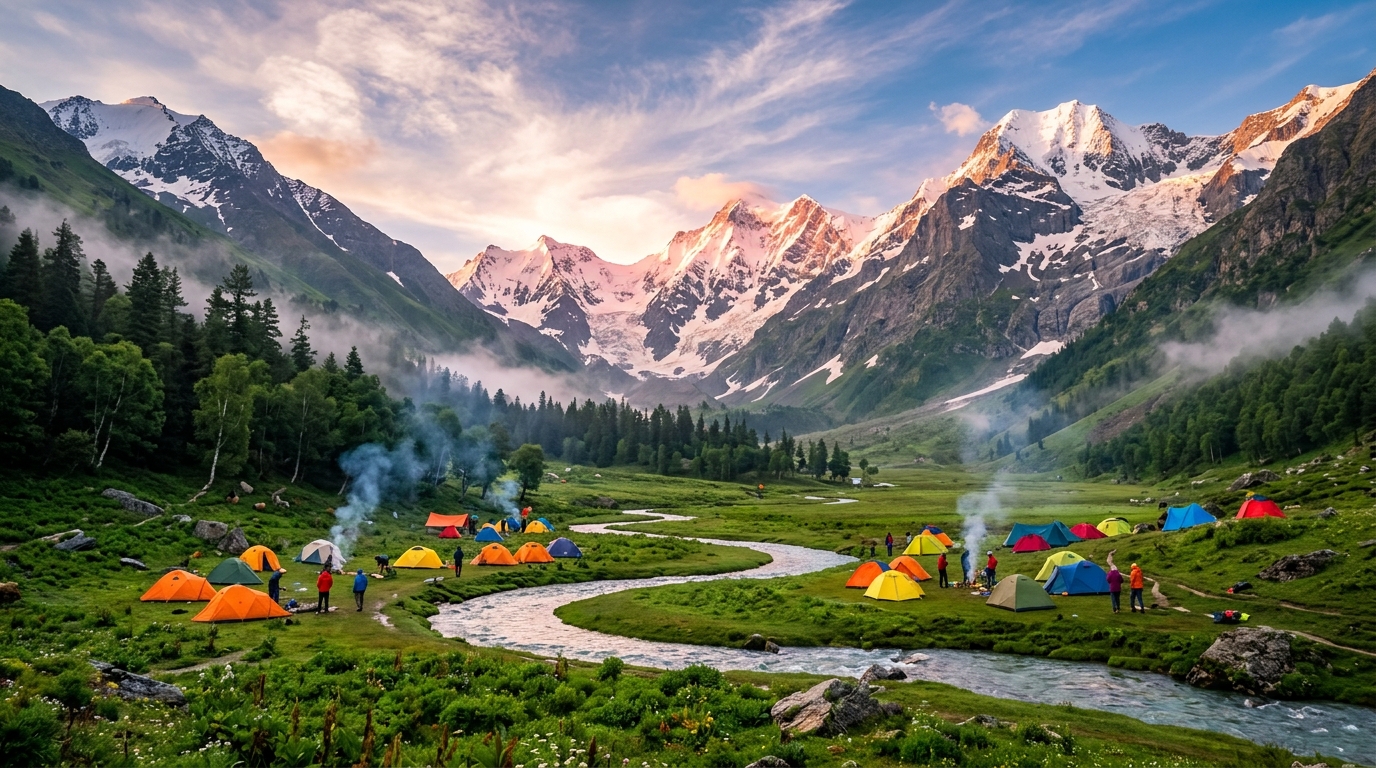 Alpine trekking campsite in Har Ki Dun cradle valley under Swargarohini peak