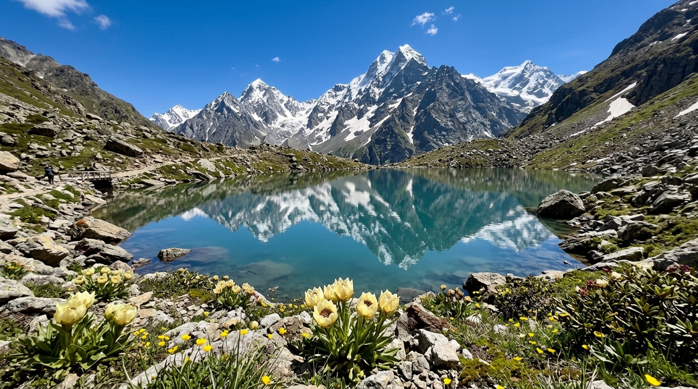 Pristine alpine lake Marinda Tal reflecting Himalayan peaks near Har Ki Dun