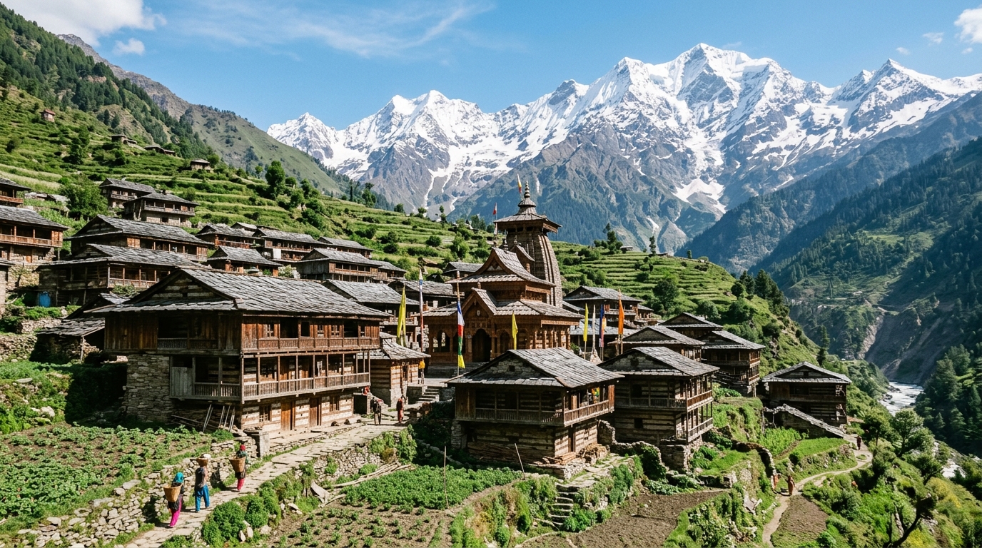 Traditional carved wooden village of Osla and Someshwar Temple Har Ki Dun