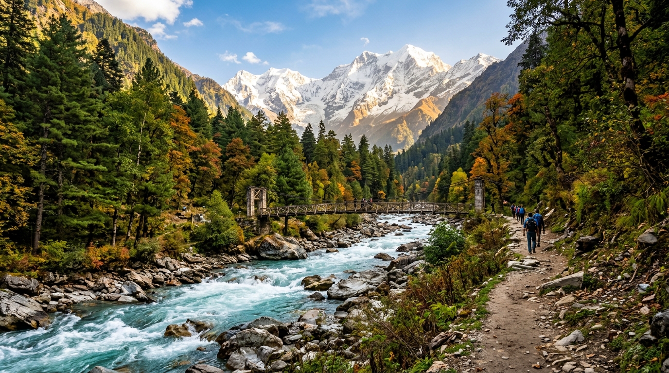 Turquoise Supin River hiking trail with suspension bridge on Har Ki Dun trek