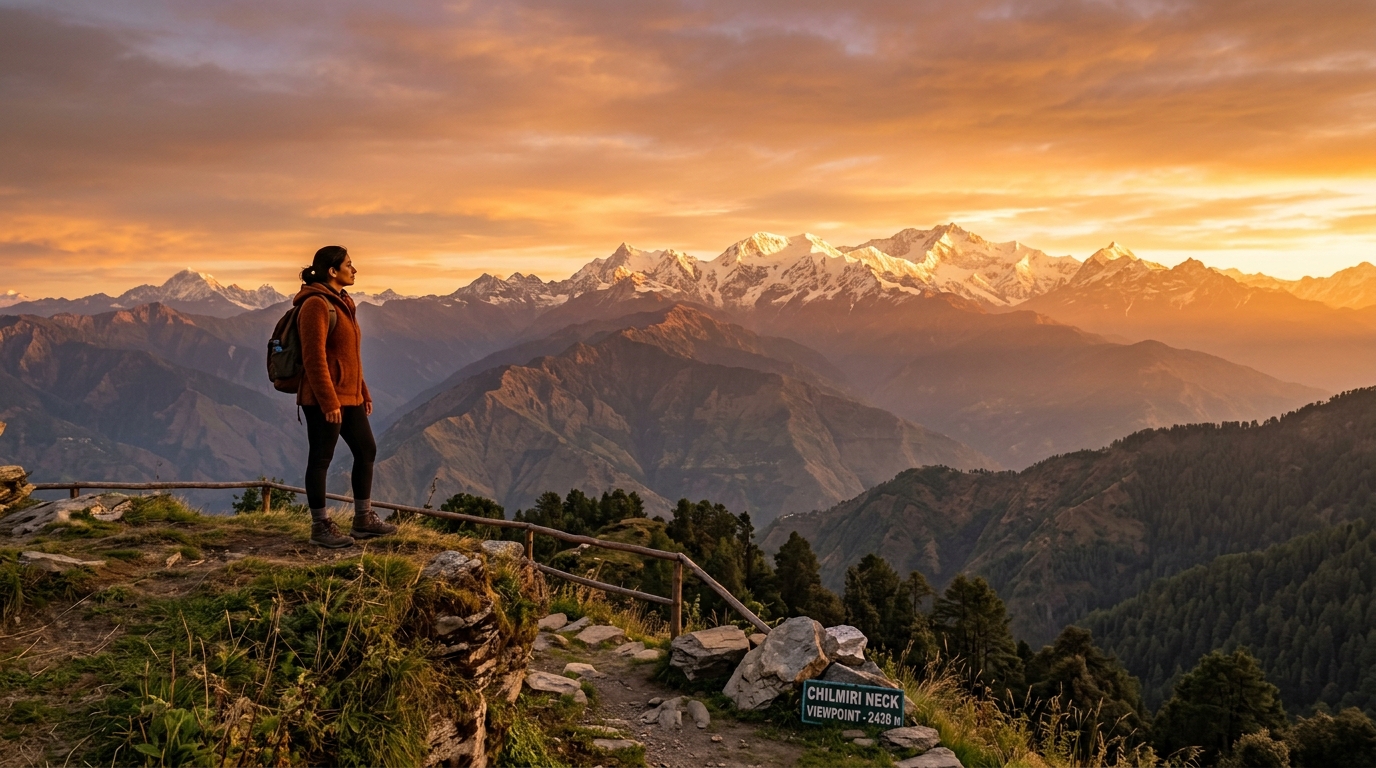 Chilmiri Neck plateau sunset viewpoint overlooking Garhwal Himalayan peaks