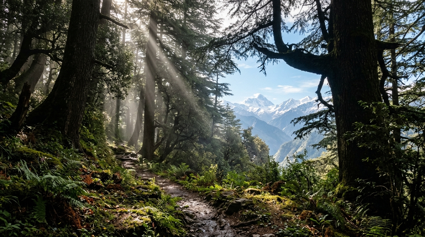 Dense virgin deodar forest trail in Deoban Chakrata at 9300 feet