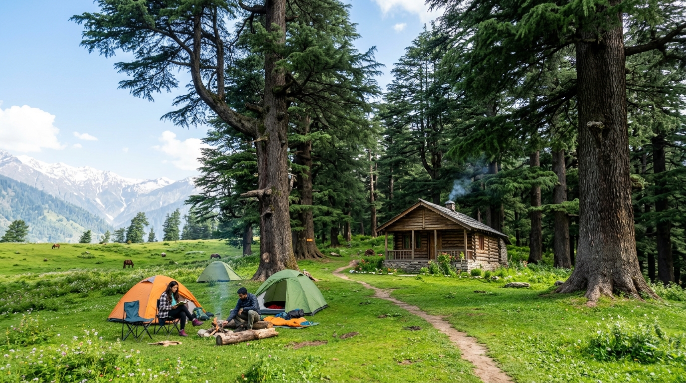 Kanasar ancient deodar grove and campsite with rustic wooden cottage Chakrata