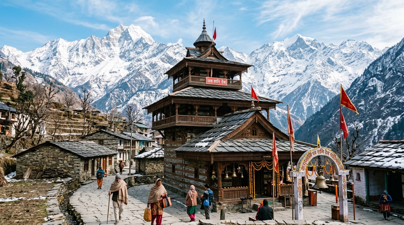Ancient wooden pagoda style Shani Dev temple in Kharsali winter abode of Goddess Yamuna