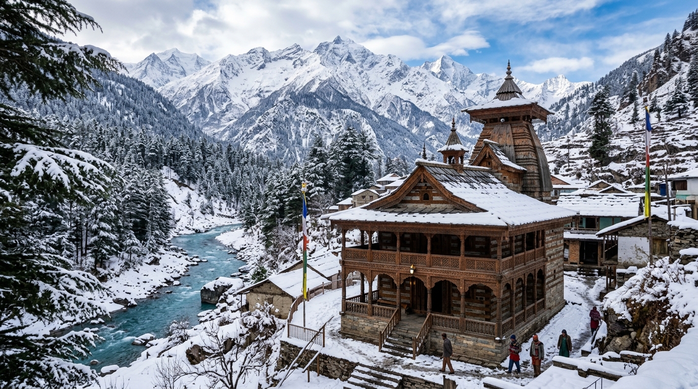 Picturesque Mukhba temple in Harsil valley winter seat of Goddess Ganga